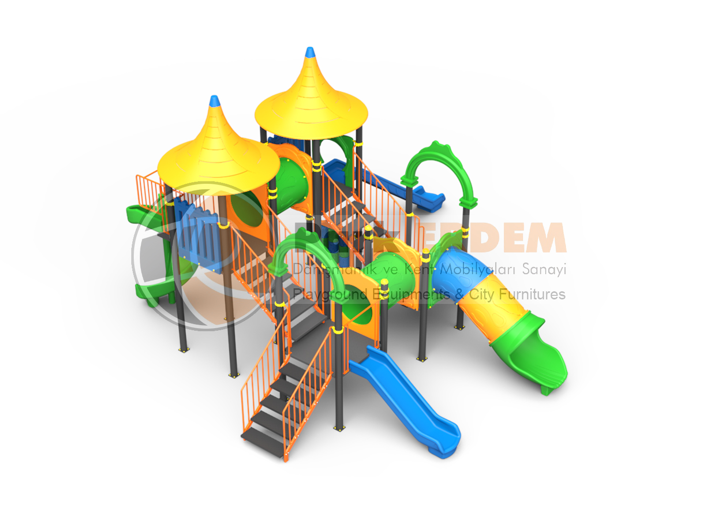 FOUR SLIDE FOUR TOWER CONICAL ROOF KIDS PLAYGROUND SET