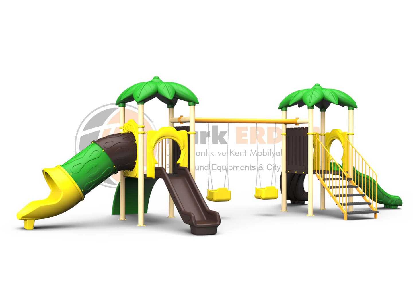 FOREST THEMED CHILDREN'S PLAYGROUND (PET-01) - 2 TOWERS, 4 SLIDES, AND 2 SWINGS