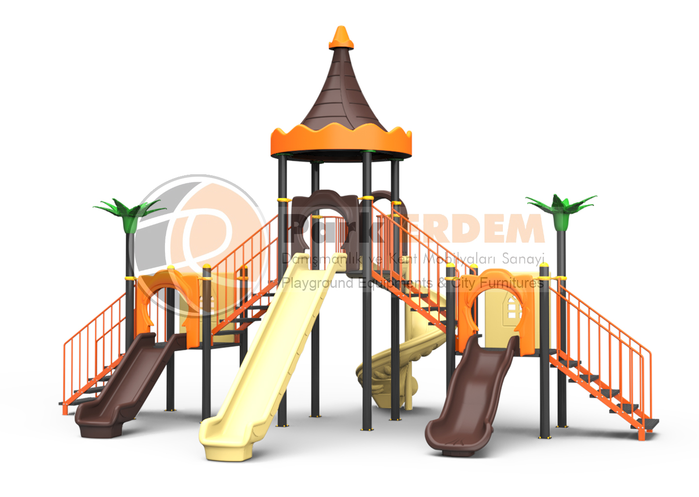 CONICAL ROOF CASTLE THEMED CHILDREN'S PLAYGROUND- 3 TOWERS, 4 SLIDES