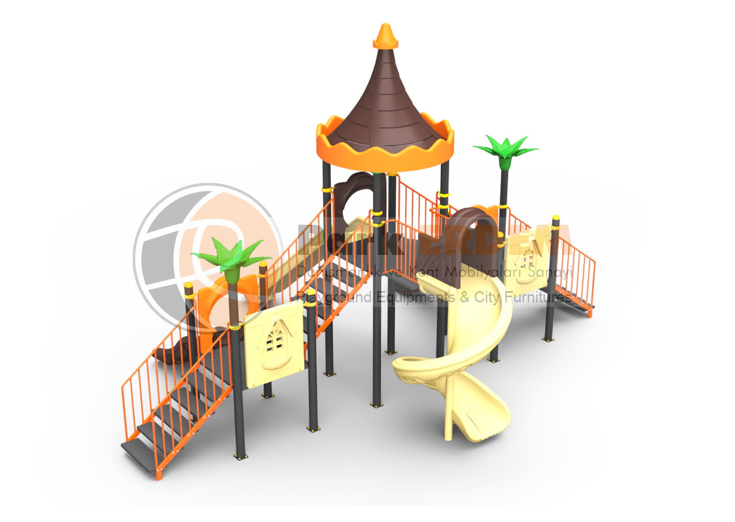 CONICAL ROOF CASTLE THEMED CHILDREN'S PLAYGROUND- 3 TOWERS, 4 SLIDES