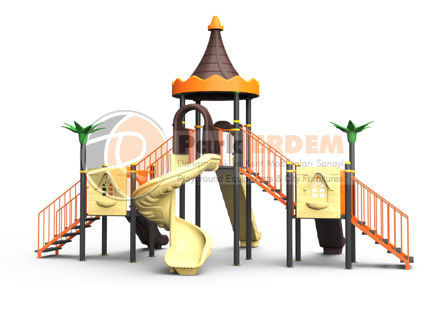 CONICAL ROOF CASTLE THEMED CHILDREN'S PLAYGROUND- 3 TOWERS, 4 SLIDES