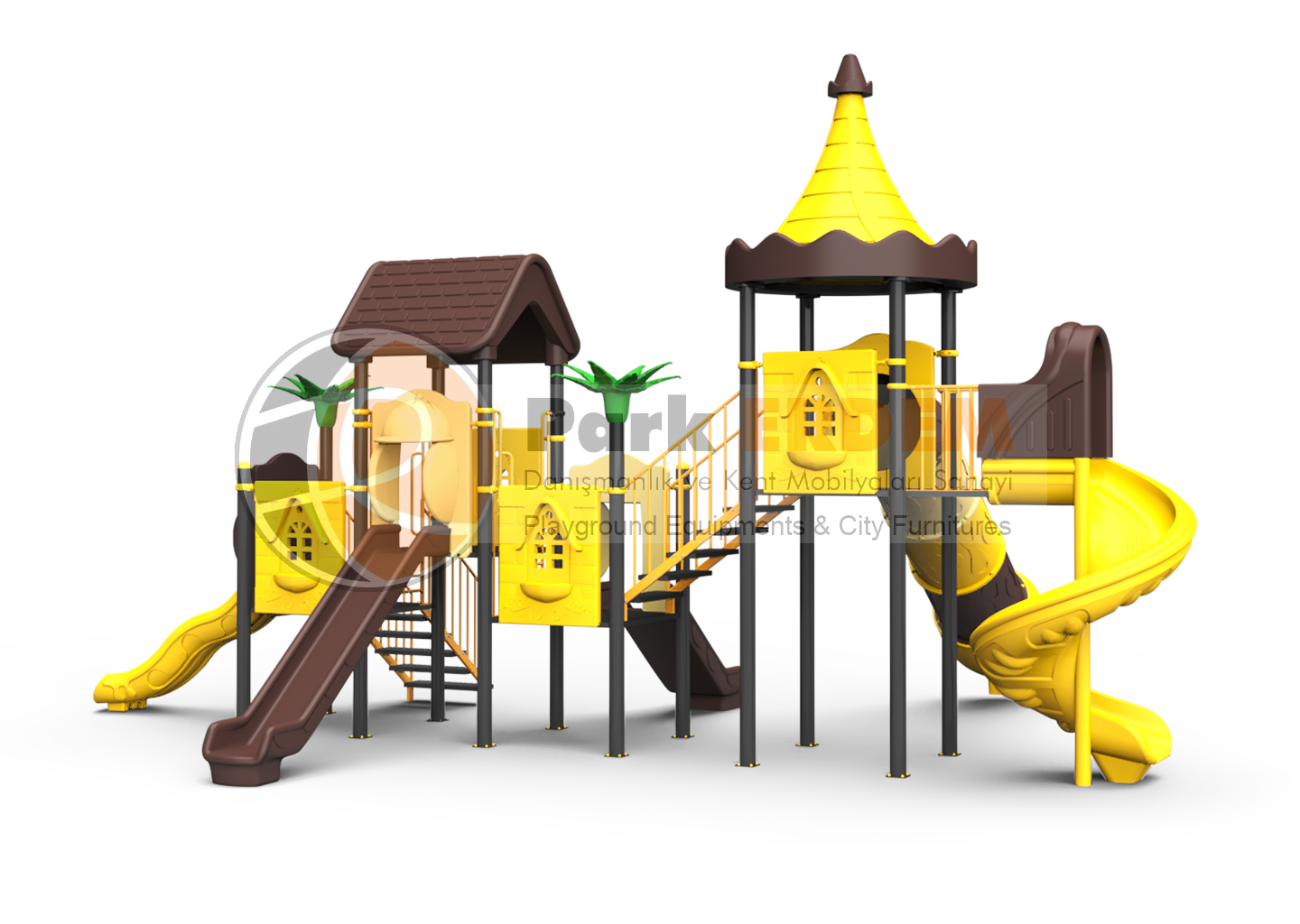 CONICAL ROOF CASTLE THEMED CHILDREN'S PLAYGROUND (PET-11) - 4 TOWERS, 5 SLIDES