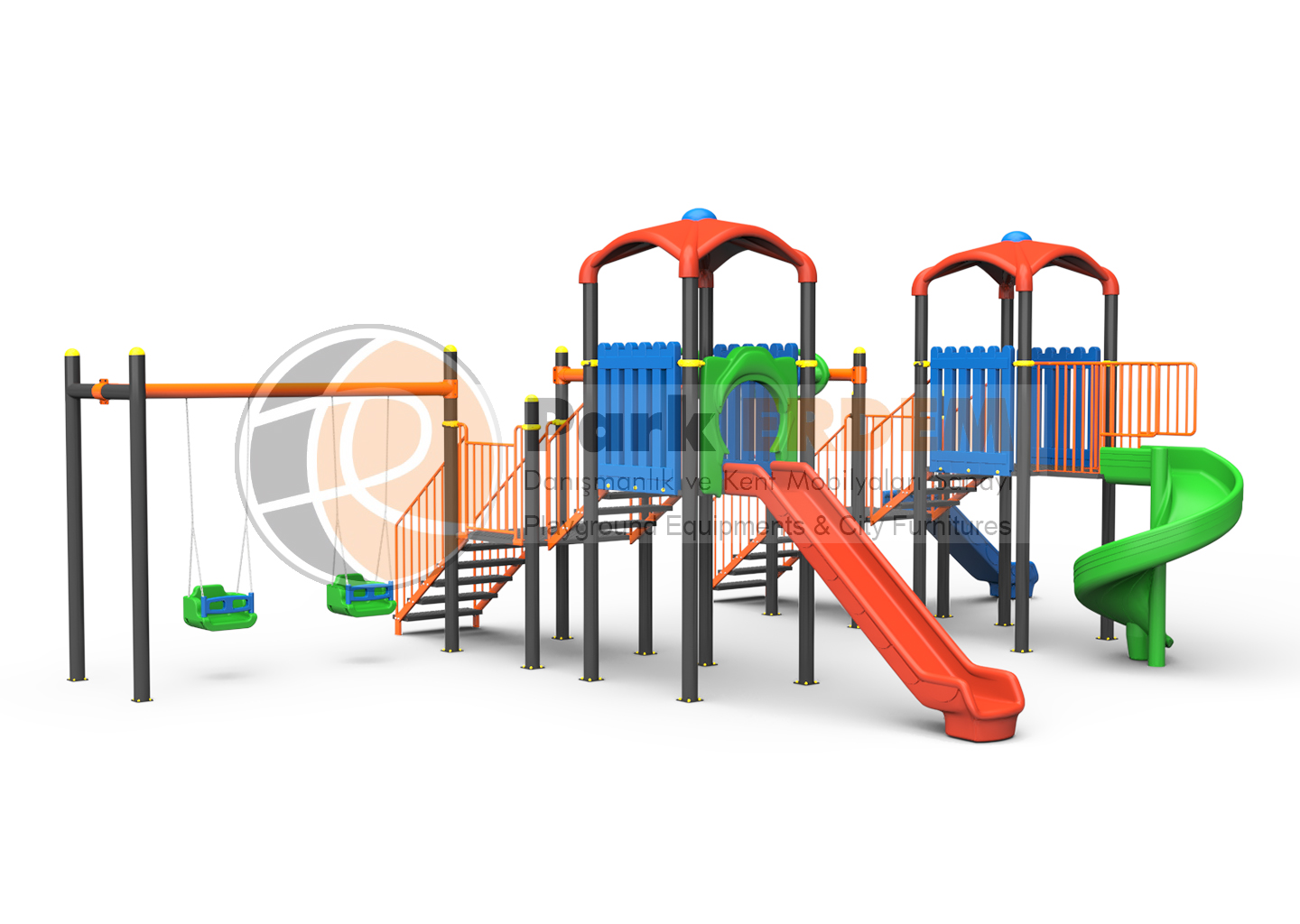 FOUR-TOWER, THREE-SLIDE, TWO-SWING KIDS' PLAYGROUND