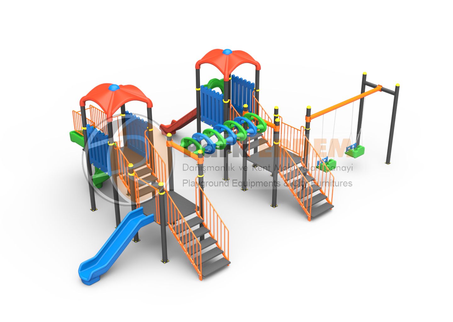 FOUR-TOWER, THREE-SLIDE, TWO-SWING KIDS' PLAYGROUND