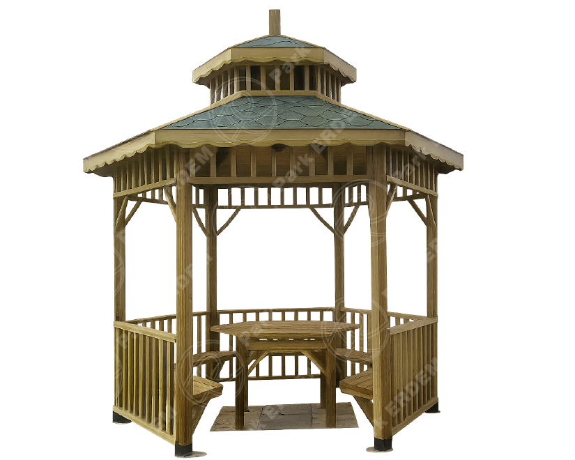 HEXAGONAL WOODEN GAZEBO WITH STRAIGHT RAILING AND 3X3 TABLE