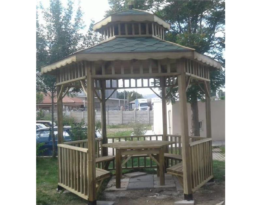 HEXAGONAL WOODEN GAZEBO WITH STRAIGHT RAILING AND 3X3 TABLE